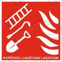 Firefighting equipment set: ladder, crowbar, shovel