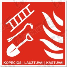 Firefighting equipment set: ladder, crowbar, shovel